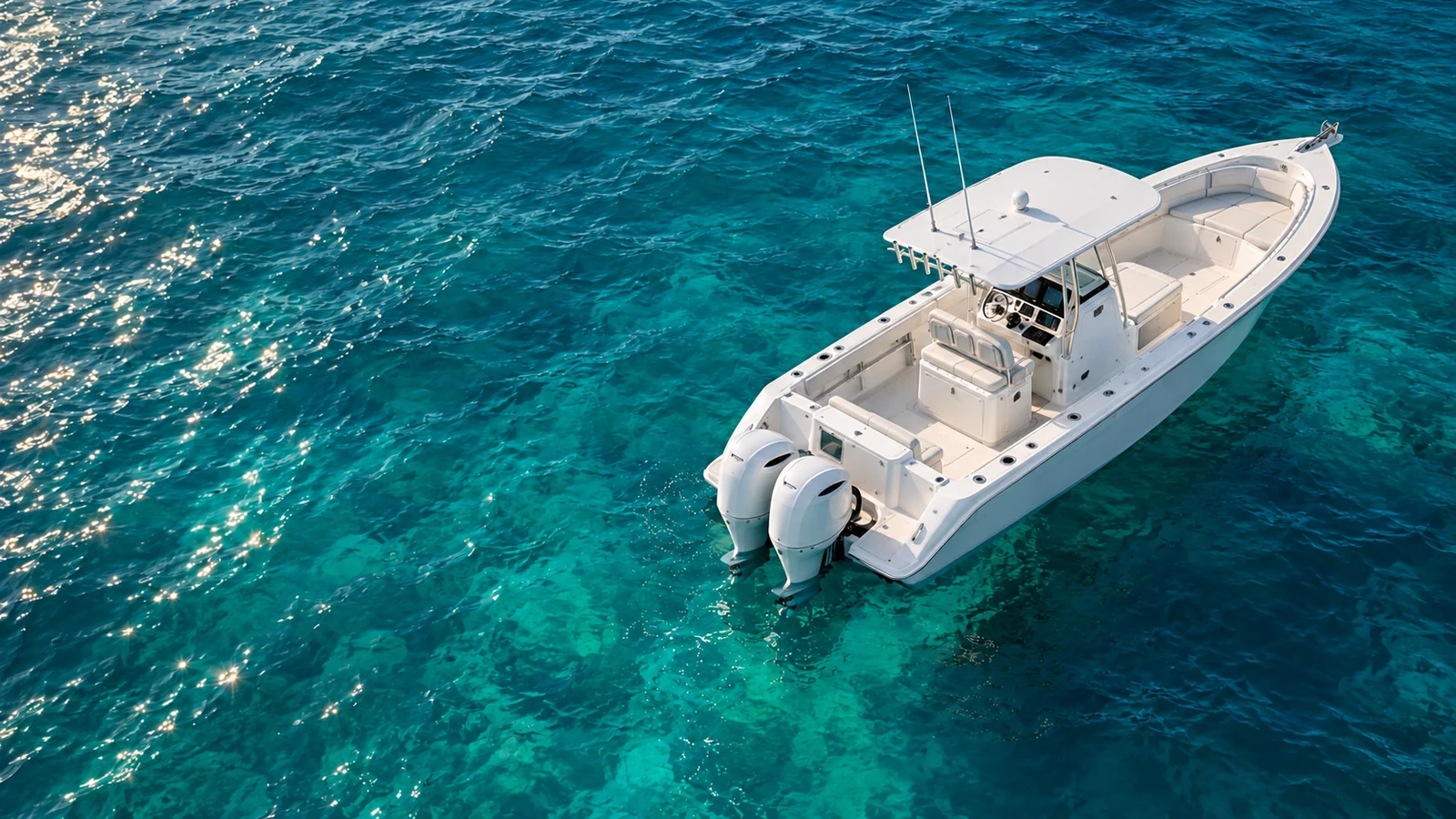 Illustrative white center-console boat on turquoise coastal water